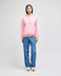 A pink pullover hooded sweatshirt, featuring a front pocket and a logo, worn with blue jeans.