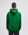 A green pullover hooded sweatshirt with a kangaroo pocket and a hood, seen from the back.