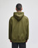An olive green hooded sweatshirt with a large back pocket and a drawstring hood. The model is facing away from the camera.