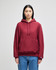A maroon pullover hooded sweatshirt with a front pocket and a logo on the sleeve. Suitable for casual wear.