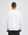A white sweatshirt with a relaxed fit, featuring long sleeves and a simple design, viewed from the back.