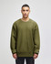 An olive green crew sweatshirt with a relaxed fit and a small logo on the sleeve.
