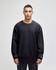 A black crew sweatshirt made from heavy fabric, featuring a logo on the sleeve.