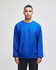 A blue adult crew sweatshirt featuring a logo, displayed on a model against a plain background.