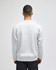 A grey adult crewneck sweatshirt featuring a logo, displayed from the back on a model.