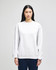 A white crewneck sweatshirt made from Champion Powerblend® fabric, featuring a logo on the sleeve.