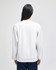 A white crewneck sweatshirt with long sleeves, featuring a logo on the back.