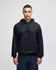 A black pullover hooded sweatshirt with a front pocket and an attached hood, featuring a logo.