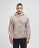 A pullover hooded sweatshirt in a taupe colour, featuring a logo on the sleeve, worn by a model.