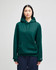 A green hooded sweatshirt featuring a front pocket and a logo on the sleeve.