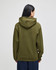 A green pullover hooded sweatshirt with a large hood, viewed from the back. Features a logo at the back.