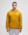 A mustard yellow pullover hooded sweatshirt with a front pocket and a logo on the sleeve.
