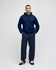 A navy blue pullover hooded sweatshirt on a model, paired with matching navy pants. The sweatshirt features a logo.