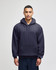 A navy blue pullover hooded sweatshirt with a front pocket and a logo on the sleeve.