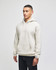 A light beige hooded sweatshirt with a front pocket and a logo on the sleeve.