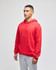 A red pullover hooded sweatshirt with a front pocket and a logo, worn by a model against a plain background.