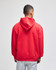 A red pullover hooded sweatshirt with a simple design, featuring a hood and a relaxed fit, viewed from the back.