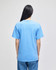 A blue short-sleeve t-shirt from the back, featuring a logo on the upper back.