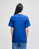 A blue short-sleeve t-shirt with a plain back, featuring a logo.