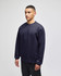A navy Champion adult sweatshirt worn by a man standing against a plain background. Features a branding logo.