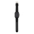 A black smart watch with a square face and adjustable strap, featuring a simple grey display.