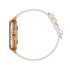 A Flight Smart Watch featuring a gold casing and a light beige strap, with a prominent red button on the side.