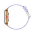 A gold smartwatch with a lavender strap, featuring a circular case and a red button. There is a logo on the watch.
