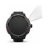 A black smart watch with a round face, featuring buttons and a logo on the side.