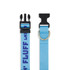 A woven dog collar in bright blue with black buckles and a silver ring, featuring a logo on the strap.
