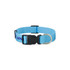A light blue woven dog collar with a plastic buckle and metal D-ring. It features a logo on the strap.