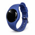 A blue pedometer with a large black display and a silicone strap. It features buttons on the side and a logo.