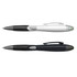 A plastic pen set featuring a white pen and a black pen, both with a sleek design and silver accents.