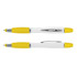 A multi-function pen in white and yellow, featuring a silver clip and ends. The pen has a sleek, modern design.