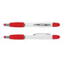 A multi-function pen featuring a white body with red rubber grip sections and silver accents. It includes a logo.