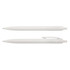 A plastic pen in white, featuring a smooth body and a clip for easy attachment. Includes a logo.