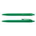 A green plastic pen with a sleek design, featuring a clip and smooth writing tip. It has a logo.