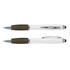 A stylus pen with a white barrel and a dark green grip, featuring a shiny chrome clip and a stylus tip at one end.