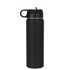 A drink bottle in matte black, featuring a lid with a spout and a handle, with a logo on the front.
