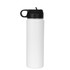 A drink bottle with a white body and a black lid, featuring a reusable design and a sleek look.