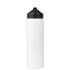 A drink bottle in white with a black screw-on lid, featuring a logo on the side.