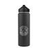 A drink bottle in matte black with a black cap and a logo featuring a mountain and sun design.