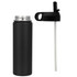 A drink bottle in matte black with a stainless steel body and a black cap featuring a straw attachment.