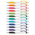 Assorted plastic pens with white barrels and vibrant coloured grips in orange, green, blue, purple, and more.