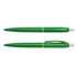 A set of green plastic pens, featuring a sleek design with a chrome clip and tip. The image includes branding.