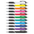 A collection of plastic pens with coloured barrels in shades like pink, blue, green, yellow, orange, and black, featuring a logo.