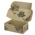 A brown die cut box with a locking lid, decorated with coffee bean illustrations and a branded logo.