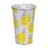 A drink cup featuring a lemon design in yellow and silver on a light purple background. It has a metallic interior and a logo.