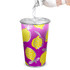 A drink cup featuring a vibrant pink and yellow lemon design, with a bottle pouring water into it.