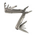 A silver multitool featuring pliers, knife blades, and various other tools, with a sleek design and a logo.