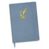A blue notebook with a foil-printed logo and an elastic band closure. It features lined pages and a ribbon bookmark.